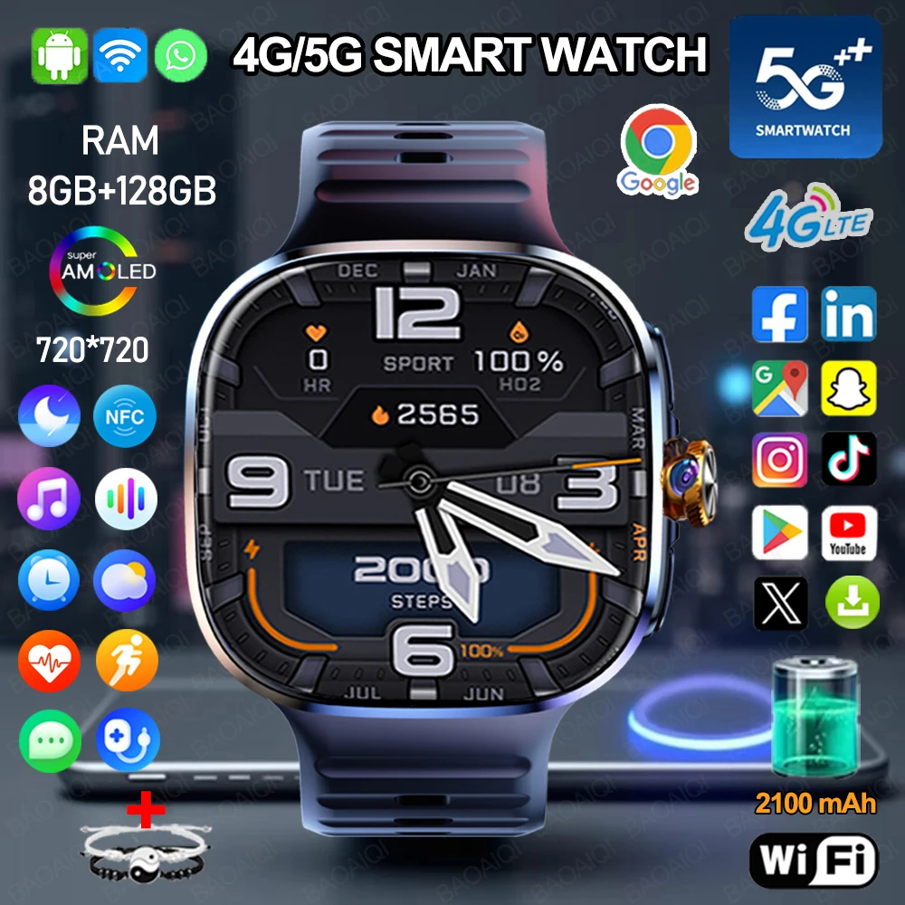 5G/4G All-Network Smart Watch 2.40 inch AMOLED 2100mah Battery 8GB+128GB RAM 900W Camera Google APP Download Smartwatch WIFI GPS