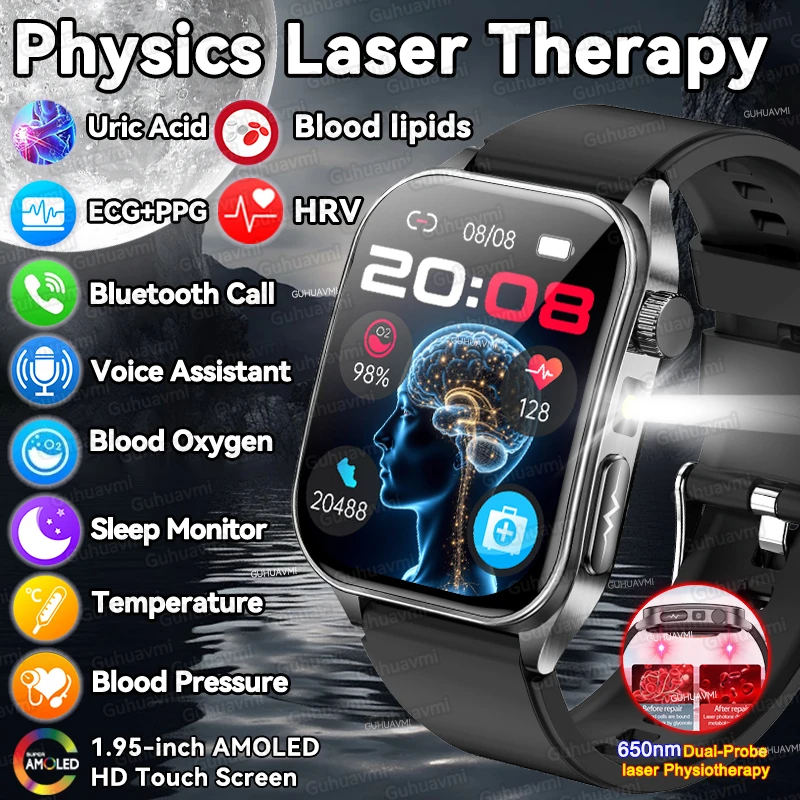 New 650nm Laser Therapy Heart Health Smart Watch Men ECG+PPG 3D Curve Sapphire Glass Screen Uric Acid Lipid BT Call Smartwatches
