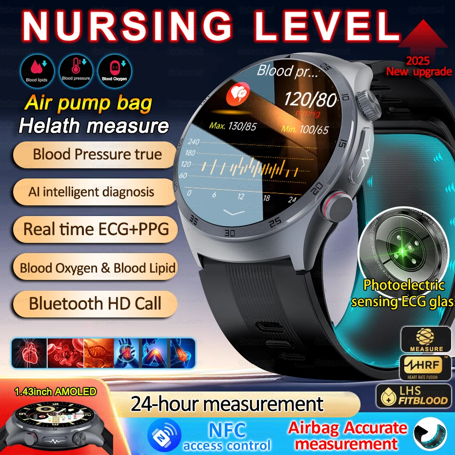 Airbag Type Blood Pressure Smart Watches Blood Oxygen  Sport Call Health Tracking Sapphire Glass AMOLED Air Pump Smartwatch NFC