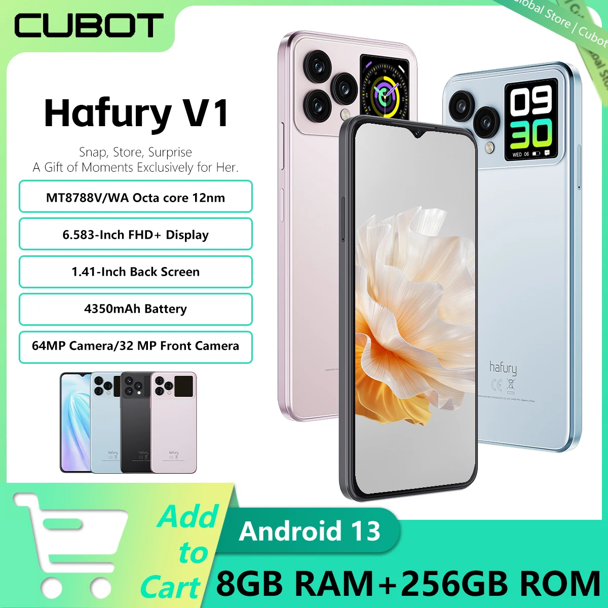 Cubot Hafury V1, Smartphone Android, 16GB RAM(8GB+8GB), 256GB ROM, Dual Screen, 64MP Camera, NFC, Global Version, Dual 4G Phone
