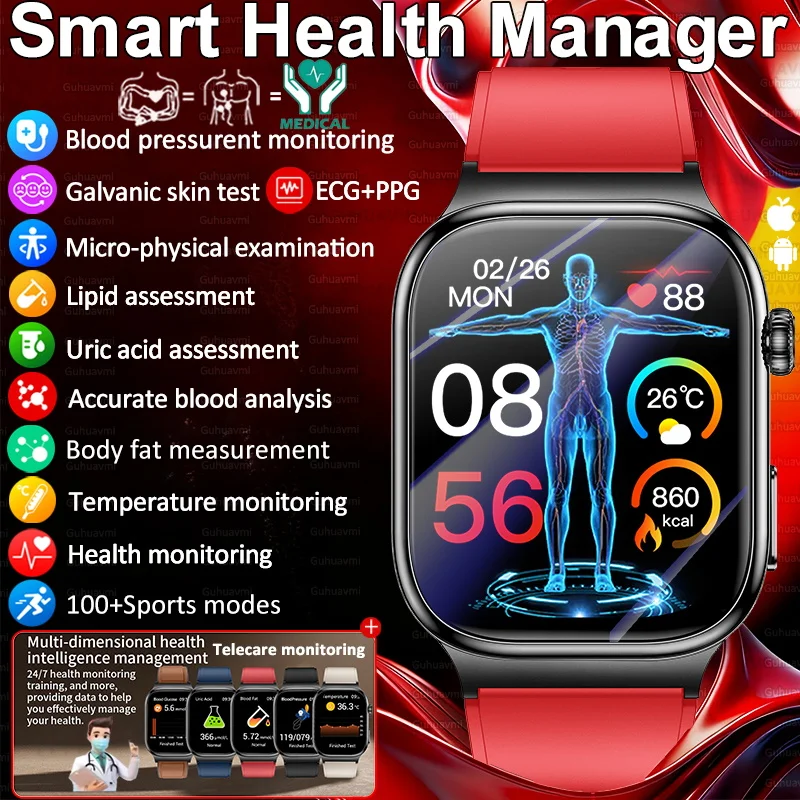 New Accurate Galvanic SkinTest Smart Watches Blood oxygen BP Uric Acid Blood lipid ECG+PPG Tracker Health watches for Man Women