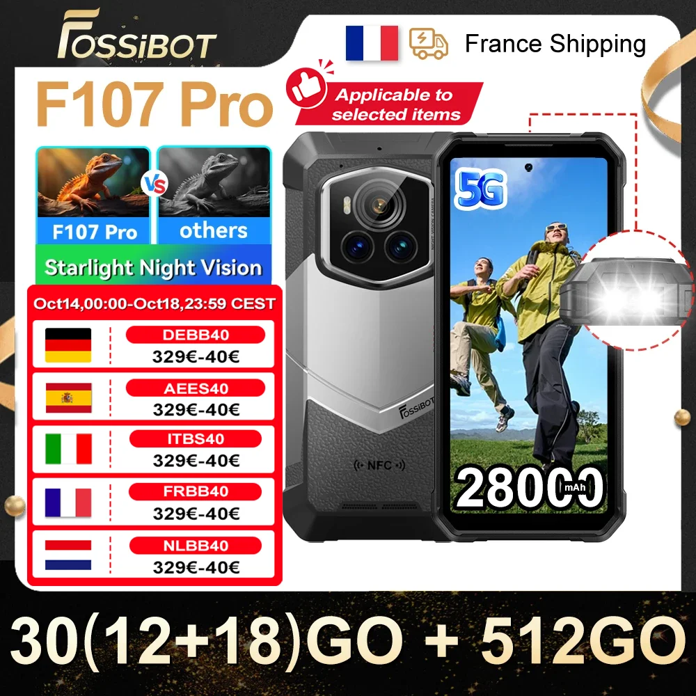 Fossibot F107 Pro Rugged Mobile Phone 30(12+18)GB+512GB Android 15 28000mAh 66W 200MP+32MP 5G NFC/GPS Dual Bright Flashlights