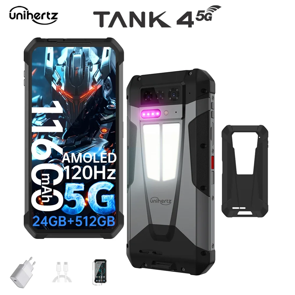 Unihertz by 8849 Tank 4 Smartphone 5G Built-in 720P Projector Phone 24GB RAM 512GB ROM 11600mAh Dimensity 7300 AMOLED Android 14