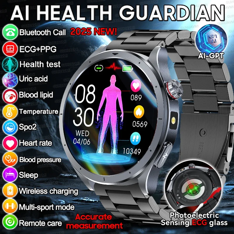 2025 New AI Health Tracker Uric acid lipids Smart Watch Body analysis Blood Pressure  Bluetooth Call ECG+PPG Smart Bracelets Men