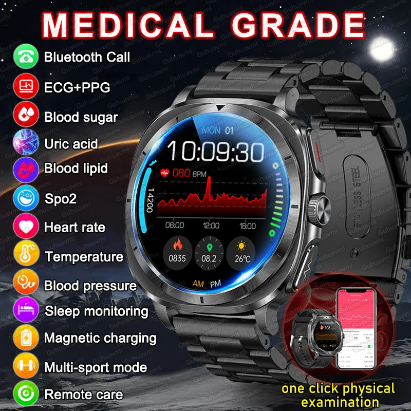 GUHUAVMI New Physical Examination Smart Watch Men Blood Lipid Uric Acid Bracelet ECG+PPG Heart Rate Bluetooth Call Smartwatches