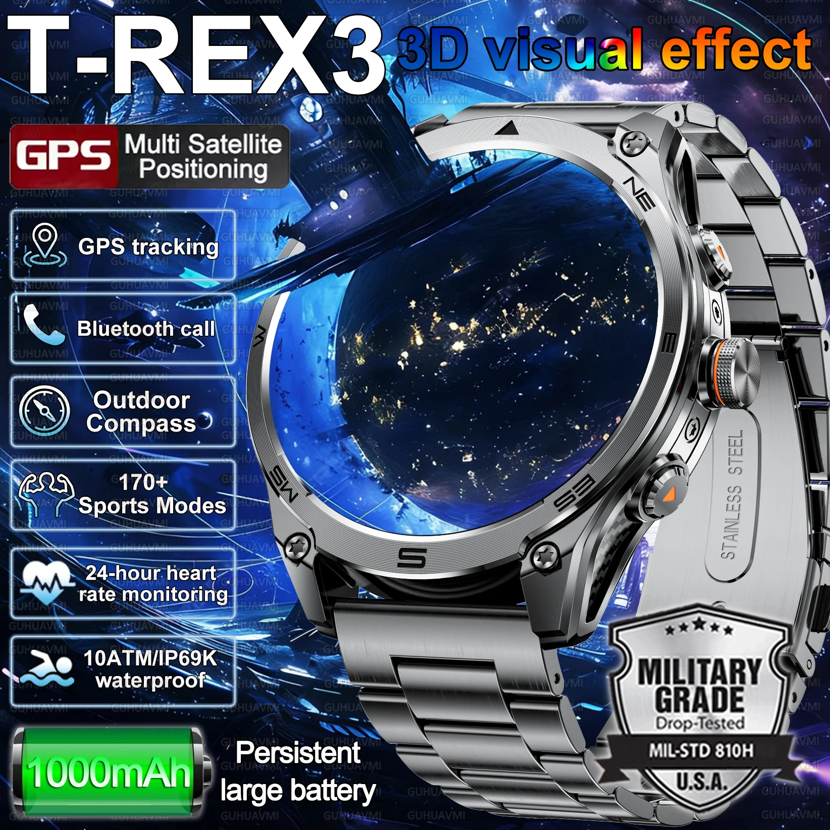 2025 New 3D vision Military GPS Sports Smart Watch 10ATM Waterproof Built-in Dual-Band GPS Compass Altimeter Swimming watch Men