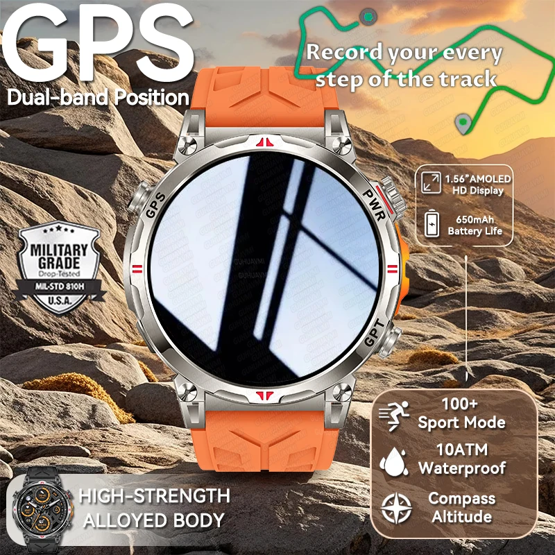 New Millitary Grade Sport Health GPS Position Smart Watch Men 10ATM Waterproof Compass 650mAh Battery 1.56