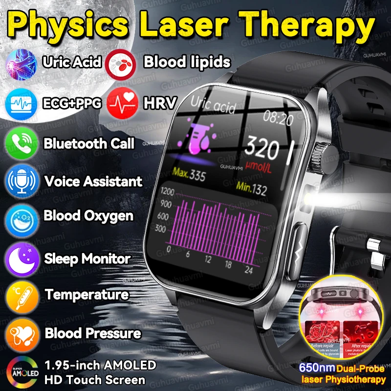 2025 New Uric Acid 650nm Laser Therapy HD Diagnosis Smartwatch For Men ECG+PPG Blood Pressure Lipid Heart rate Smart Watch Women