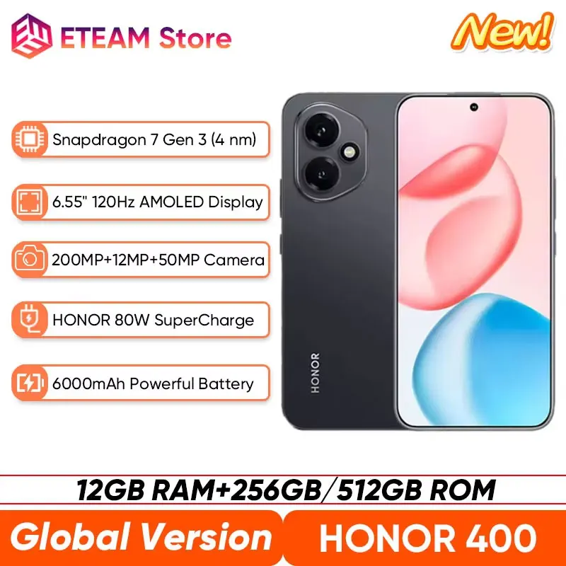 2025 New Global Version HONOR 400 5G Smartphone Snapdragon 7 Gen 3 6.55” 120Hz AMOLED Display 6000mAh 80W Supercharge eSIM IP66