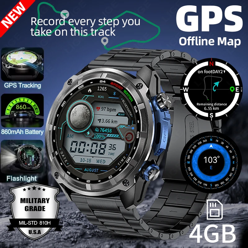 LIGE GPS Offline Maps Smart Watch Video Player 860mAh Military 4GB Memory Outdoor Sports Fitness Men Swim Waterproof Smartwatch