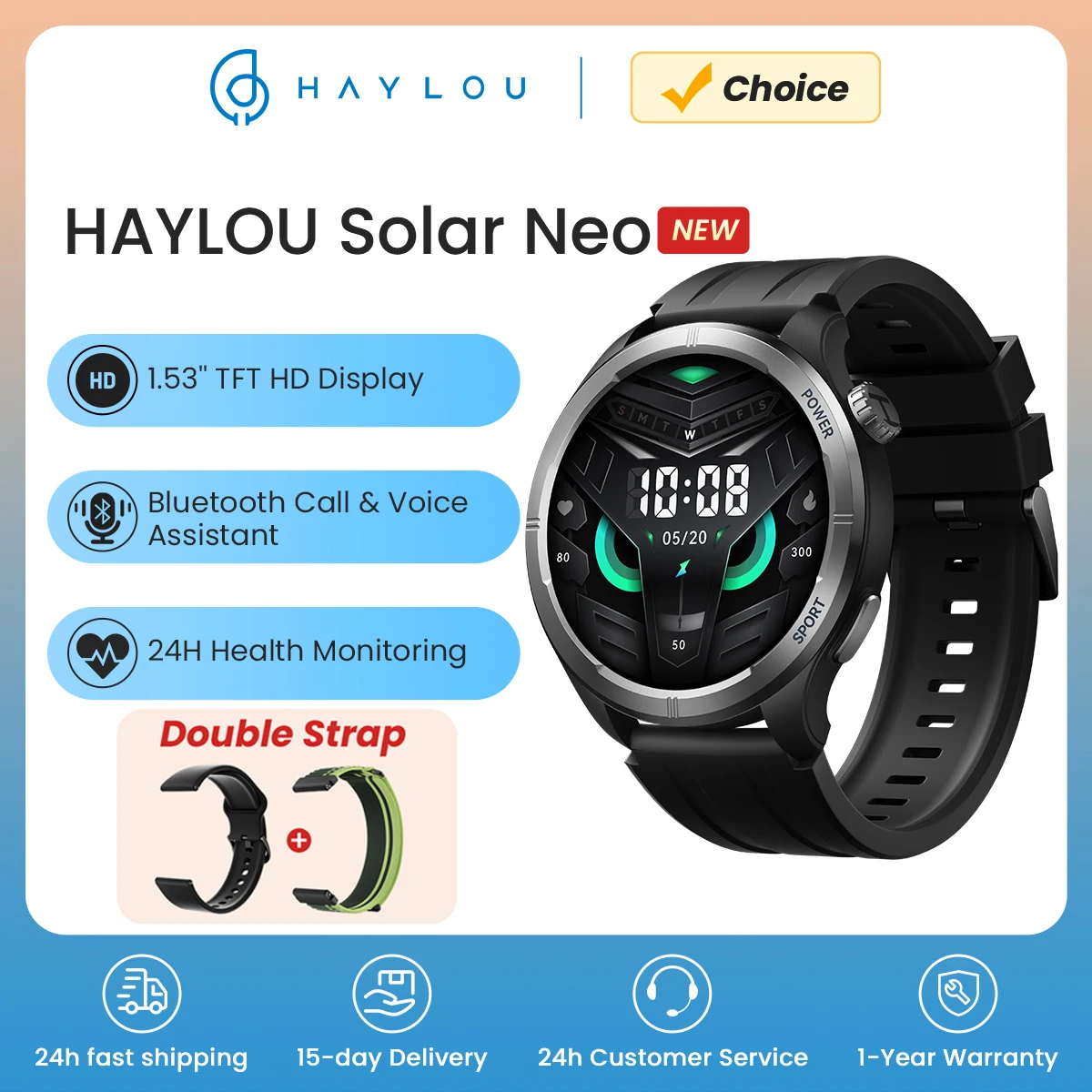 HAYLOU Solar Neo Smart Watch 1.53” HD Display 24H Health Monitoring Bluetooth Call Smartwatch Men Women Smart Sport Watchs