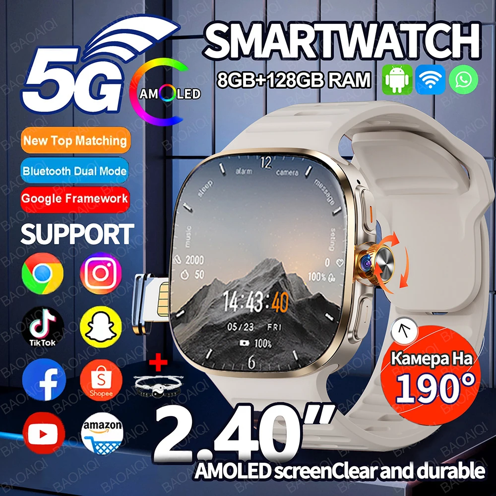 5G/4G Smart Watch 8GB+128GB RAM GPS WIFI 720*720 AMOLED 2100mah Battery 900W HD Camera Google APP Download Smartwatch Android 10