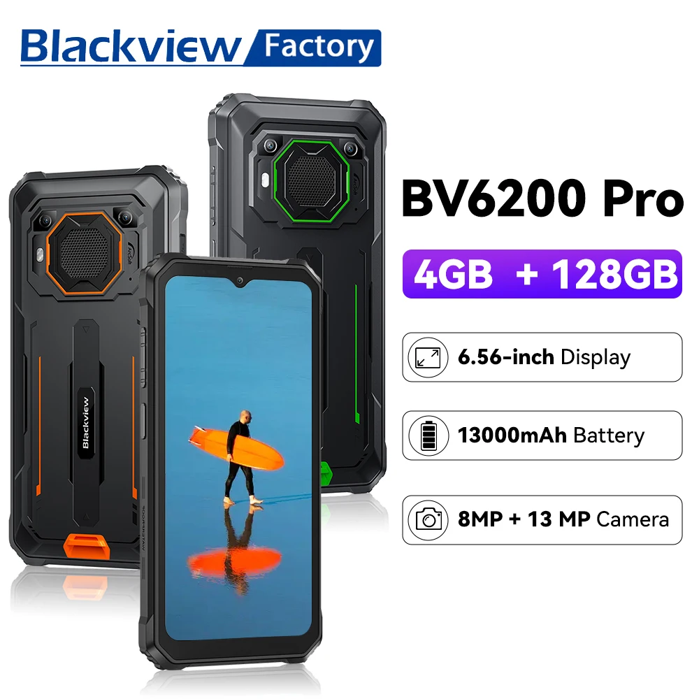 Blackview BV6200 Pro Rugged Smartphones 6.56”HD Waterproof Telephone Portable 13000mAh Battery 6GB+128GB Smartphone Android 13