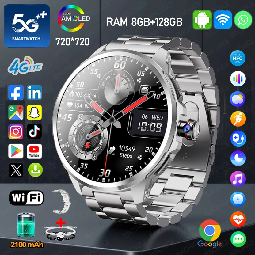 5G/4G WIFI Full Netcom Smart Watch 1.95 inch 720*720 AMOLED 8GB+128GB RAM 2100mah Battery 900W Camera Google APPS GPS Smartwatch