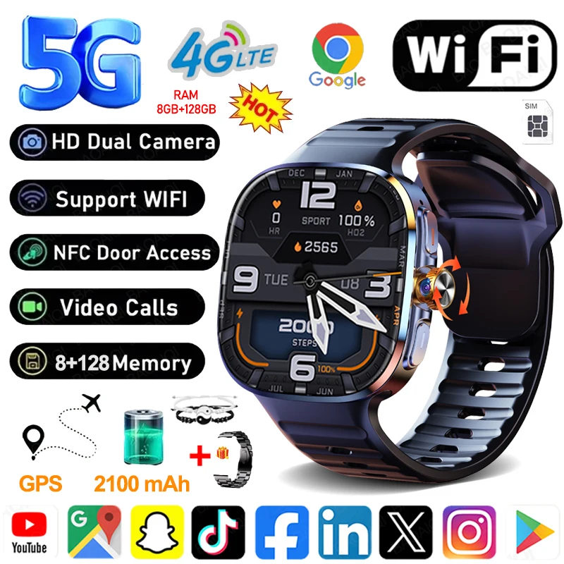Android 10 5G/4G Smart Watch 2.40 inch 720*720 AMOLED 8GB+128GB RAM 2100mah Battery 900W Camera GPS WIFI Google APPS Smartwatch