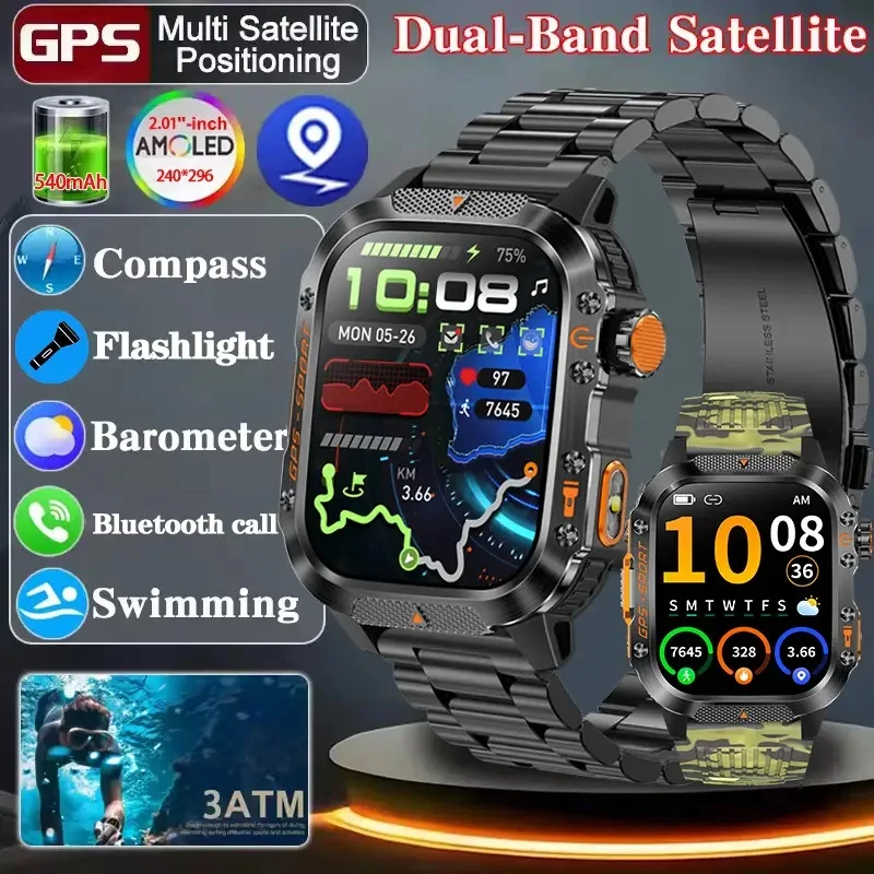 2025 NEW Military GPS Smartwatch BT Call Flashlight Wrist Watches 3ATM Waterproof Sports Smart Watch For Xiaomi Men IOS Android