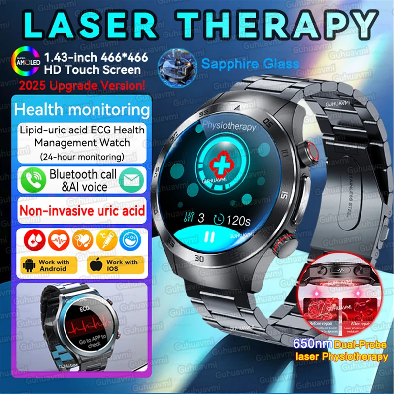 New Laser Therapy Lipid-Uric Acid ECG Health Management Smart Watch  Blood Pressure Heart Rate Waterproof Men Women SmartWatches