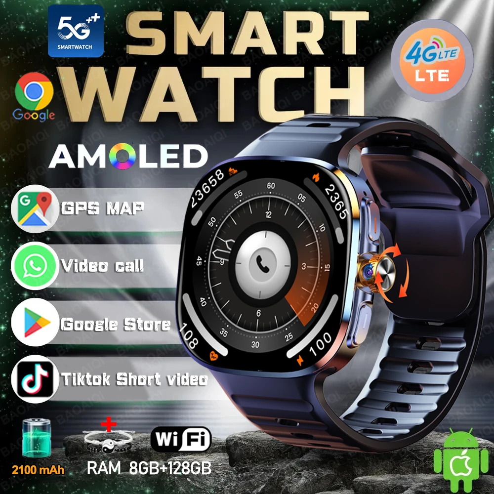 5G/4G Full Network Smart Watch 720*720 AMOLED 2.40 inch Screen WIFI GPS Video Call 8GB+128GB RAM 2100 mAh Google Play Smartwatch