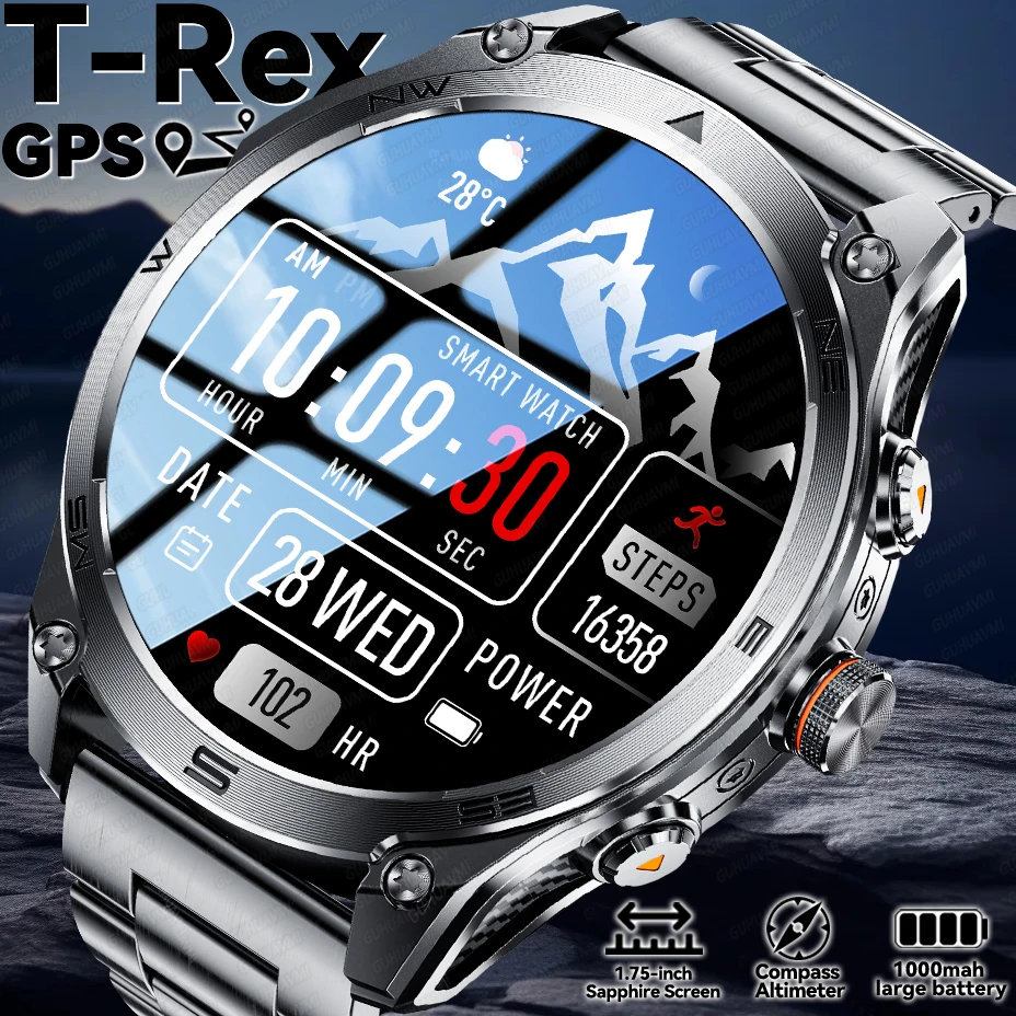 2025New Military Zinc Alloy Bezel T-Rex 3 GPS Smart Watches 1.75” AMOLED Compass LED Flashlight 10ATM Outdoor Sports Smartwatch