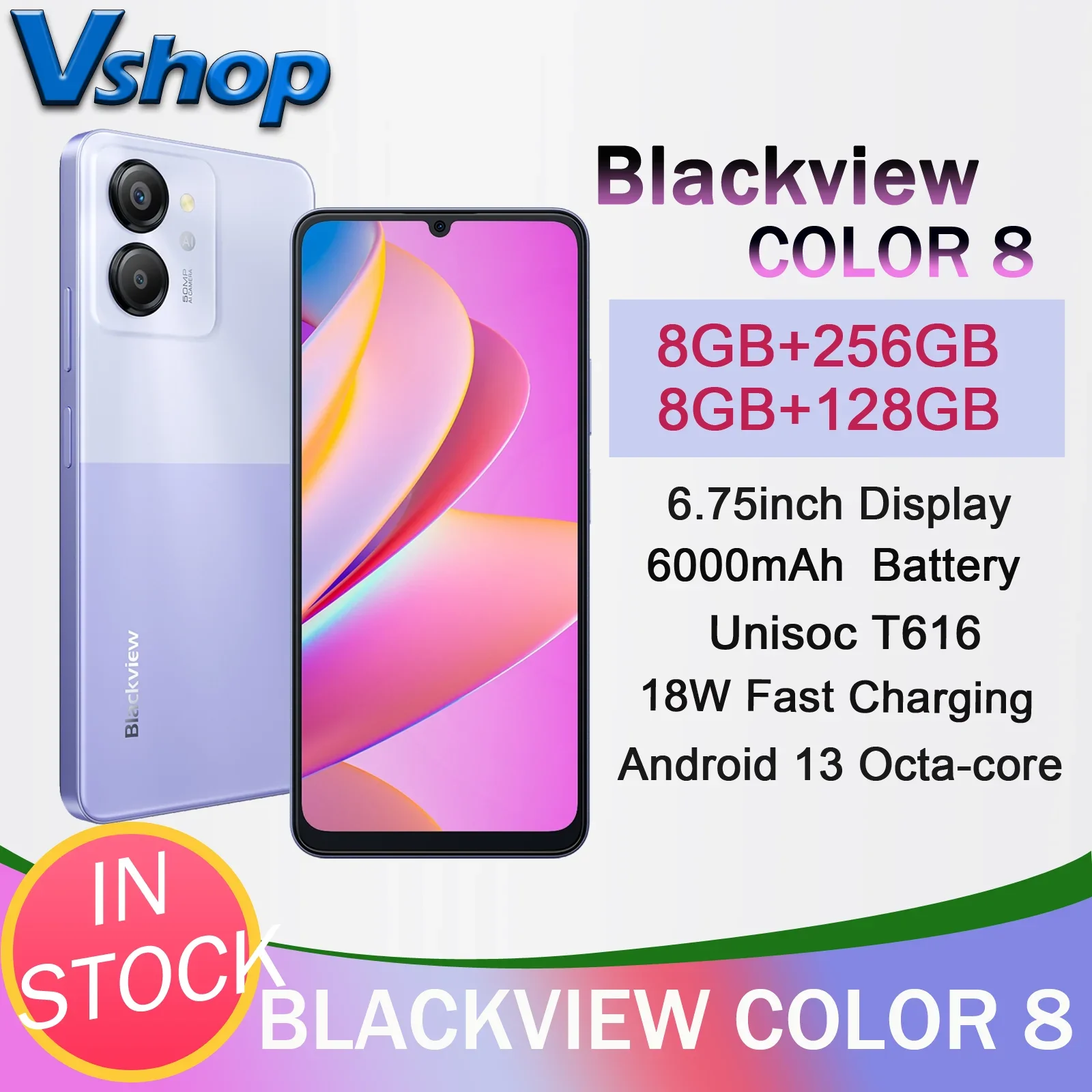 Blackview COLOR 8 Rugged Phone Android 13 6.75inch Display 128GB/256GB 50MP Camera 6000mAh Battery 18W Fast Charging Smartphone