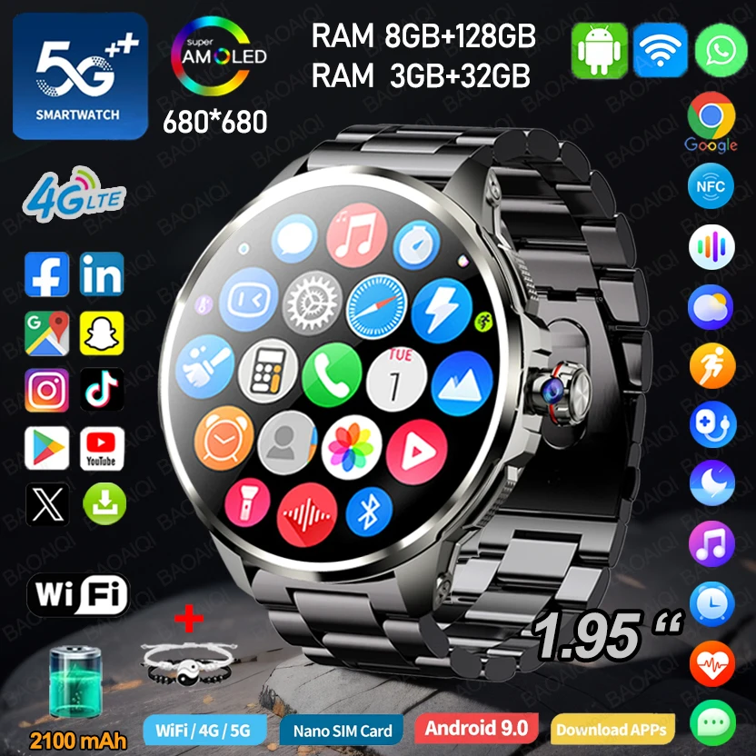 5G/4G Full Network Smart Watch 1.95 inch 720*720 AMOLED Screen 8GB+128GB RAM 900W Camera GPS WIFI NFC Google APPS Smartwatch Men