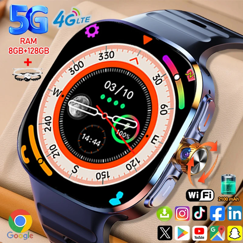 4G/5G SIM Card New Smart Watch 2.40 inch 720*720 AMOLED Screen 8GB+128GB RAM 900W Camera GPS WIFI Google APP Download Smartwatch