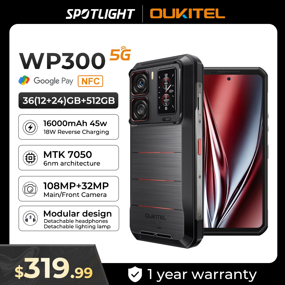 Oukitel WP300 Rugged Phone 16000mAh 36GB（12+24）GB+512GB Modular detachable Earbud/camping Light 6.78