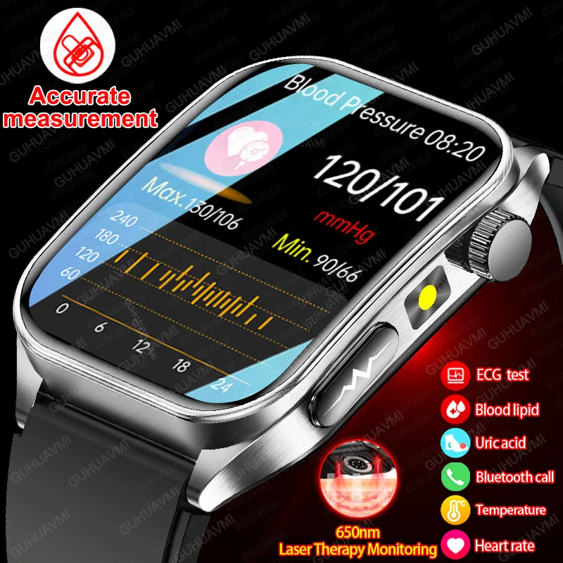 New Laser Therapy Health Tracking Blood Pressure Smart Watch Men ECG+PPG Uric Acid Lipid 24H Heart Rate Health Analysis Bracelet