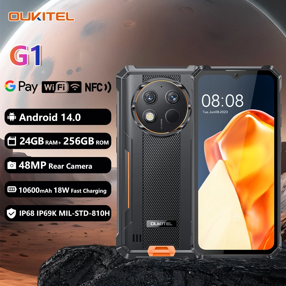 Oukitel G1 Rugged smartphone 6.52‘’ HD+ 10600mAh 24(6+18)GB+256GB Android14 48MP Camera cell phone