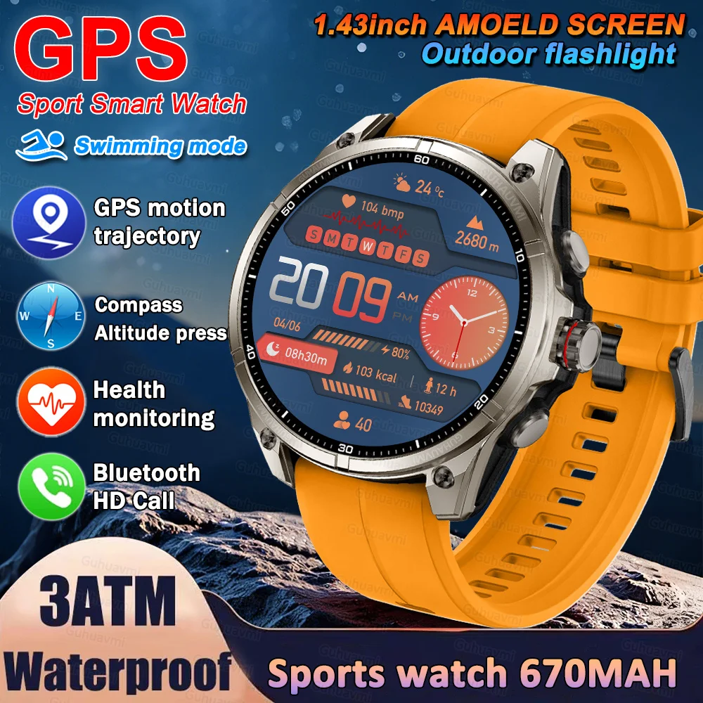 2026 Outdoor Sports Smartwatch GPS Waterproof Flashlight 1.43AMOLED Custom dial Call Compass Smart Watches For HUAWEI Xiaomi IOS