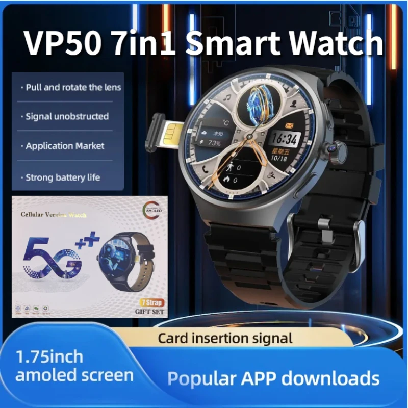 VP50 7-in1 Smart Watch 1.75 inch Amoled 490*490 HD Screen 800W Camera GPS WIFI NFC 256GB Storage Android Smartwatch Sim Card