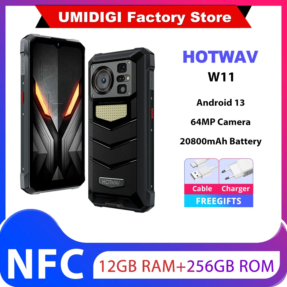HOTWAV W11 12GB+256GB Rugged Phone 20800mAh 280LM Flashlight 6.6” FHD+ Smartphone 33W 24MP Night Vision Mobile Phone