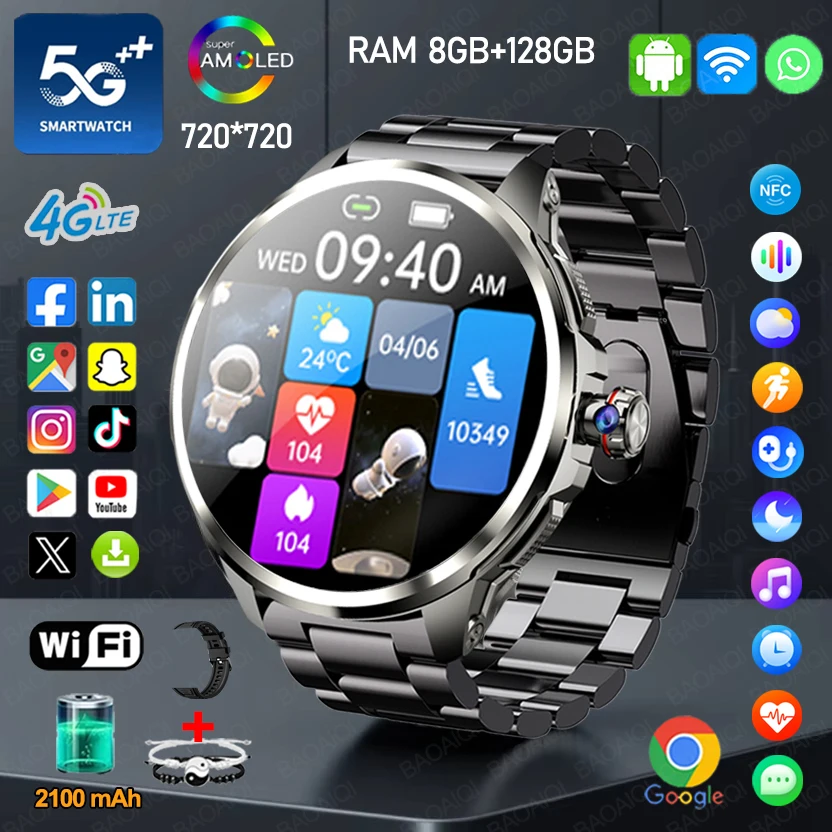 5G Smart Watch Men 1.95 inch 680*680 AMOLED Screen 900W Camera 8GB+128GB RAM GPS WIFI Google APP Download SIM Card 4G Smartwatch