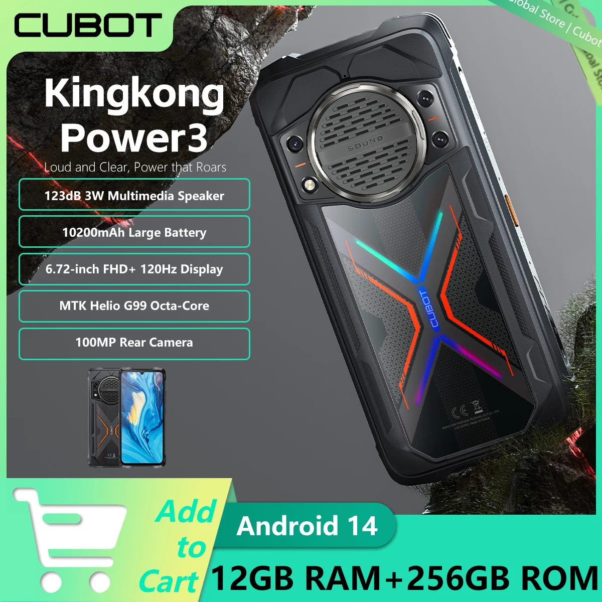 Cubot KingKong Power 3,Rugged Android Smartphone 14,123dB Speaker,Helio G99,6.72-inch 120Hz Screen,12GB+256GB,10200mAh Battery