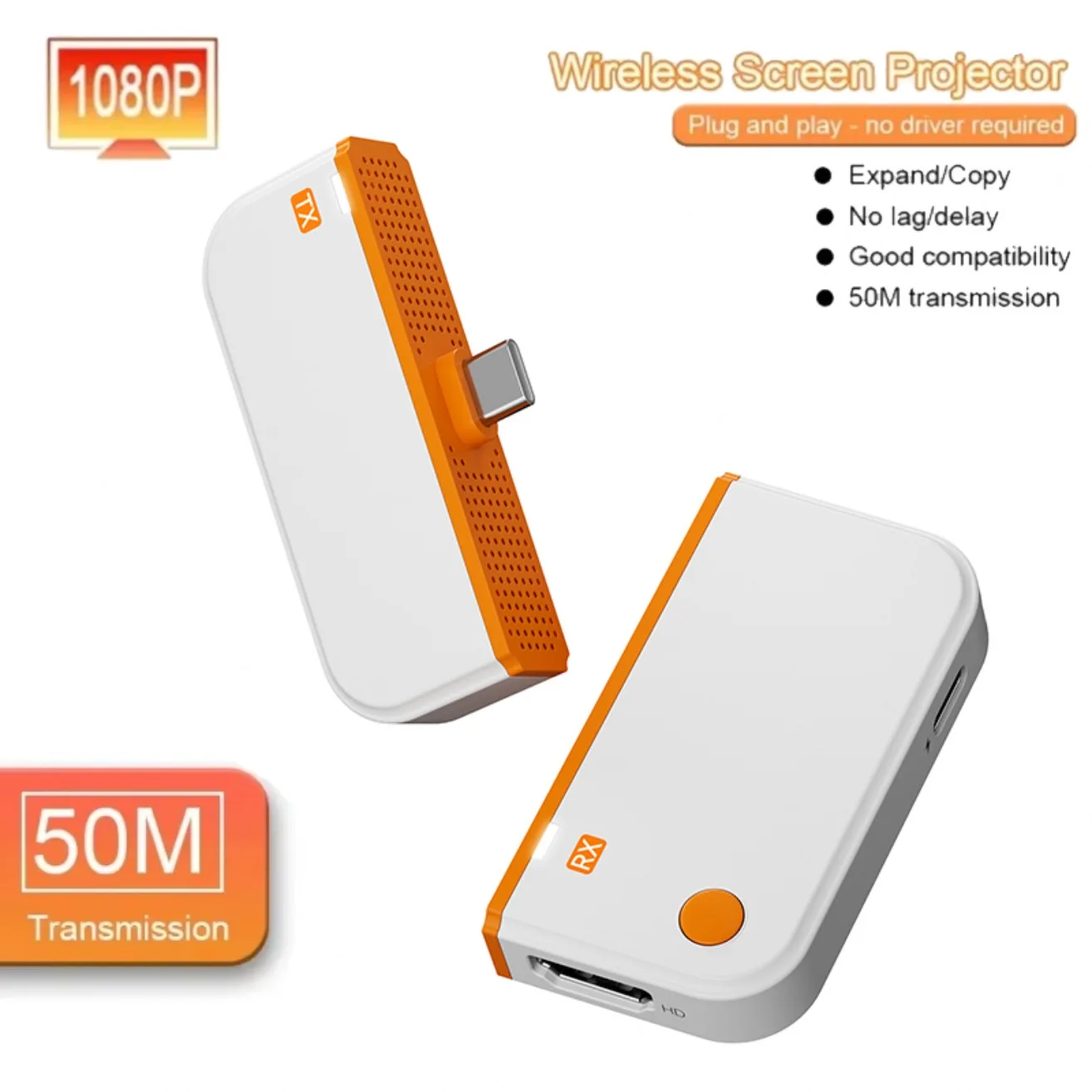Video Transmitter and Receiver Extender Adapter Kit 50M Wireless HDMI-Compatible Dongle Adapter for PC Camera Laptop