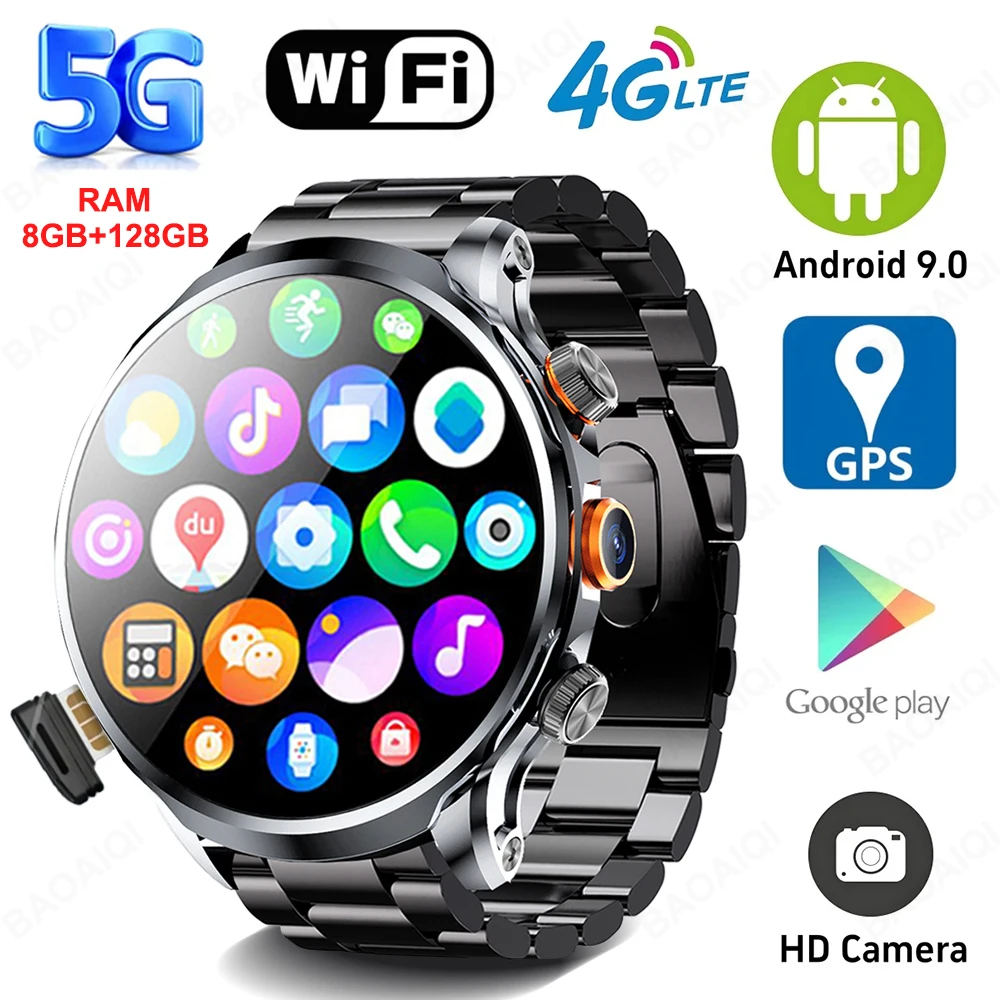 8GB+128GB RAM 5G/4G Android 9.0 Smart Watch 1.95 inch AMOLED 1100mah Battery 500W Camera GPS WIFI Google APP Download Smartwatch
