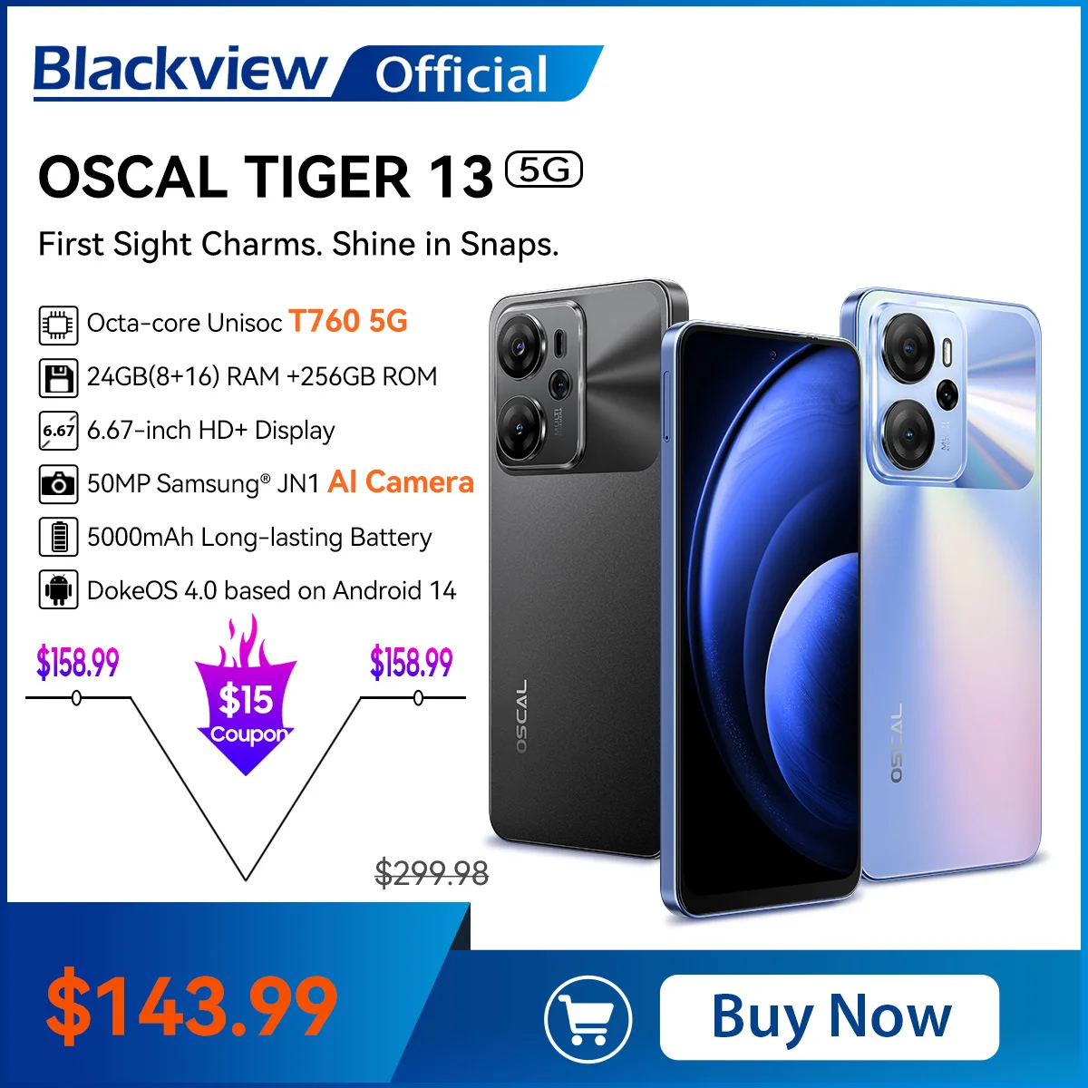 [World Premiere] Blackview OSCAL TIGER 13 Smartphone 5G 6.67” Display, T760, 8GB+256GB, 50MP AI Camera 5000mAh NFC Android 14