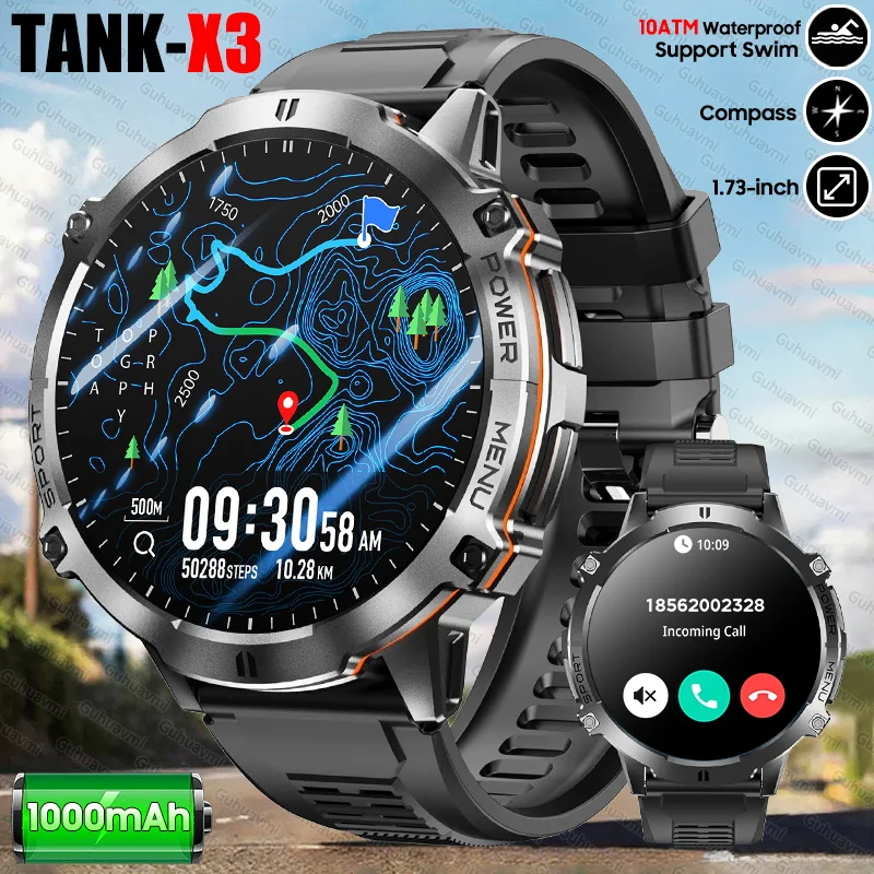 2025 New Outdoors Military 1000mAh SmartWatch Men 10ATM Waterproof Compass Altimeter HD AMOLED Screen BT Call Sports Smartwatch