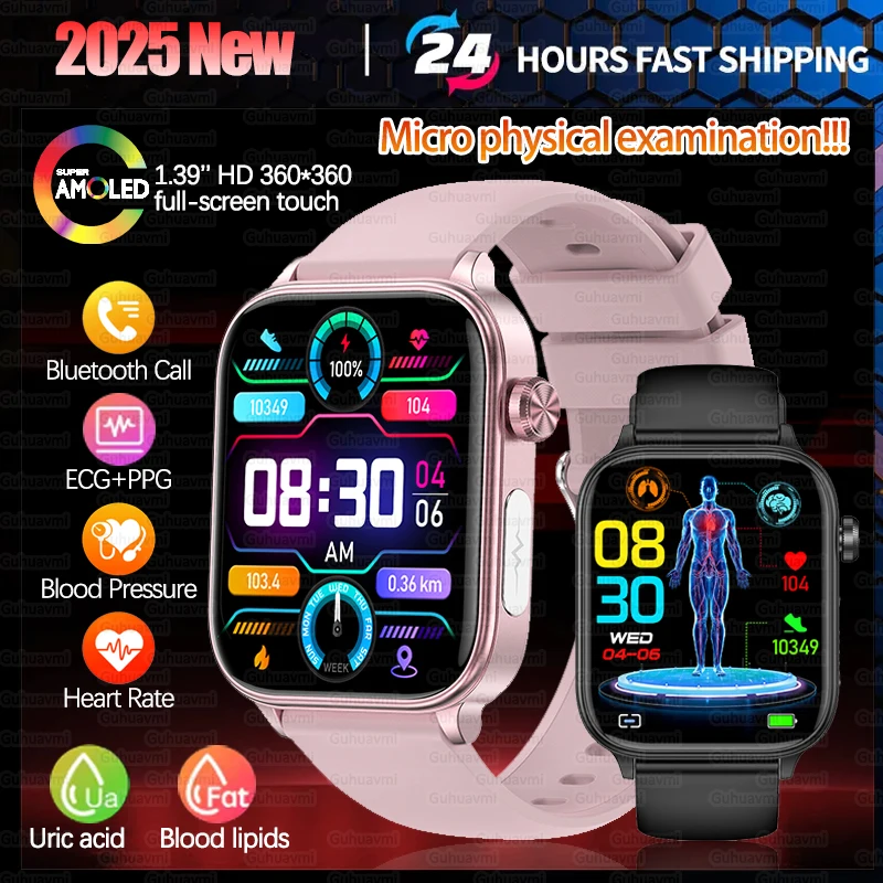 2025 New Women ECG+PPG+HRV Health Smart Watch Micro Examination Blood Fat Uric Acid Heart Rate Tracker BT Call Smartwatch Ladies