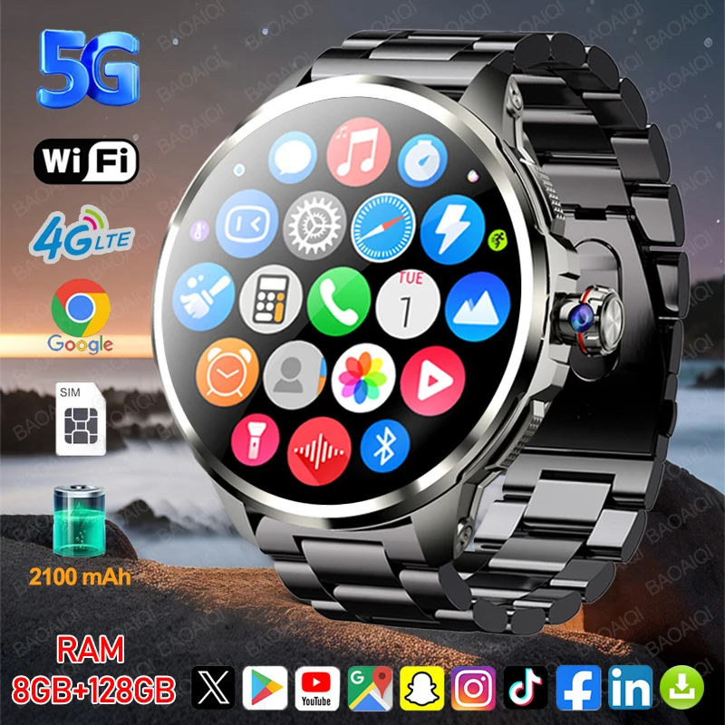 5G/4G GPS Smart Watch 1.95 inch 720*720 AMOLED Screen 8GB+128GB RAM 900W Camera WIFI Google APPS Download Android 9.0 Smartwatch