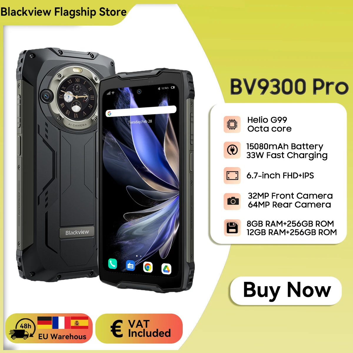 Blackview BV9300 Pro Rugged Smartphone Helio G99 6.7” 120Hz Display 8GB/12GB 256GB Smartphone With Dual Screen, 15800Amh, 64MP