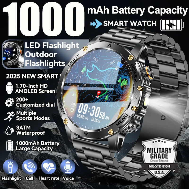 2025 New Men 1000mAh Large Battery Outdoor Smart Watch Heart Rate 3ATM Waterproof Flashlight Bluetooth Call Sport Man Smartwatch