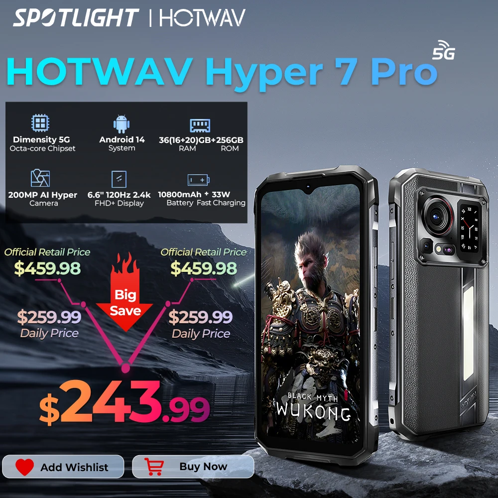 HOTWAV Hyper 7 Pro 5G Rugged Phone 200MP Android 14 6.6” FHD+ 120Hz Smartphone 36(16+20)GB 256GB 10800mAh 33W Mobile Phone