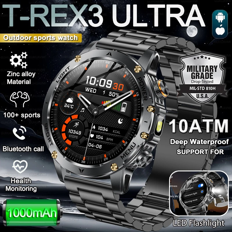 2025 New Military Smart Watch 1000Mah Battery Fitness Tracking 10ATM Waterproof Tactics Sport Flashlight call Bracelet For Men