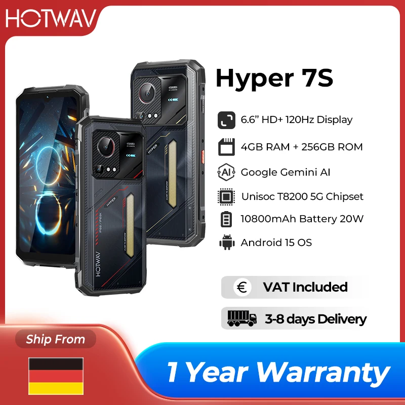 HOTWAV Hyper 7S Rugged Phone 5G Android 15 Smartphone 4GB 256GB 10800 20W 6.6” 120Hz Screen Cellphone with Super Camping Light