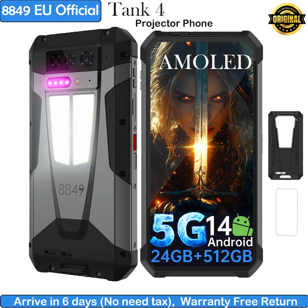 8849 Tank 4 Unihertz Projector Rugged Smartphone 720P 100 Lumens 6.78” AMOLED 512G Android14 11600mAh 5G Dimensity 7300 120Hz