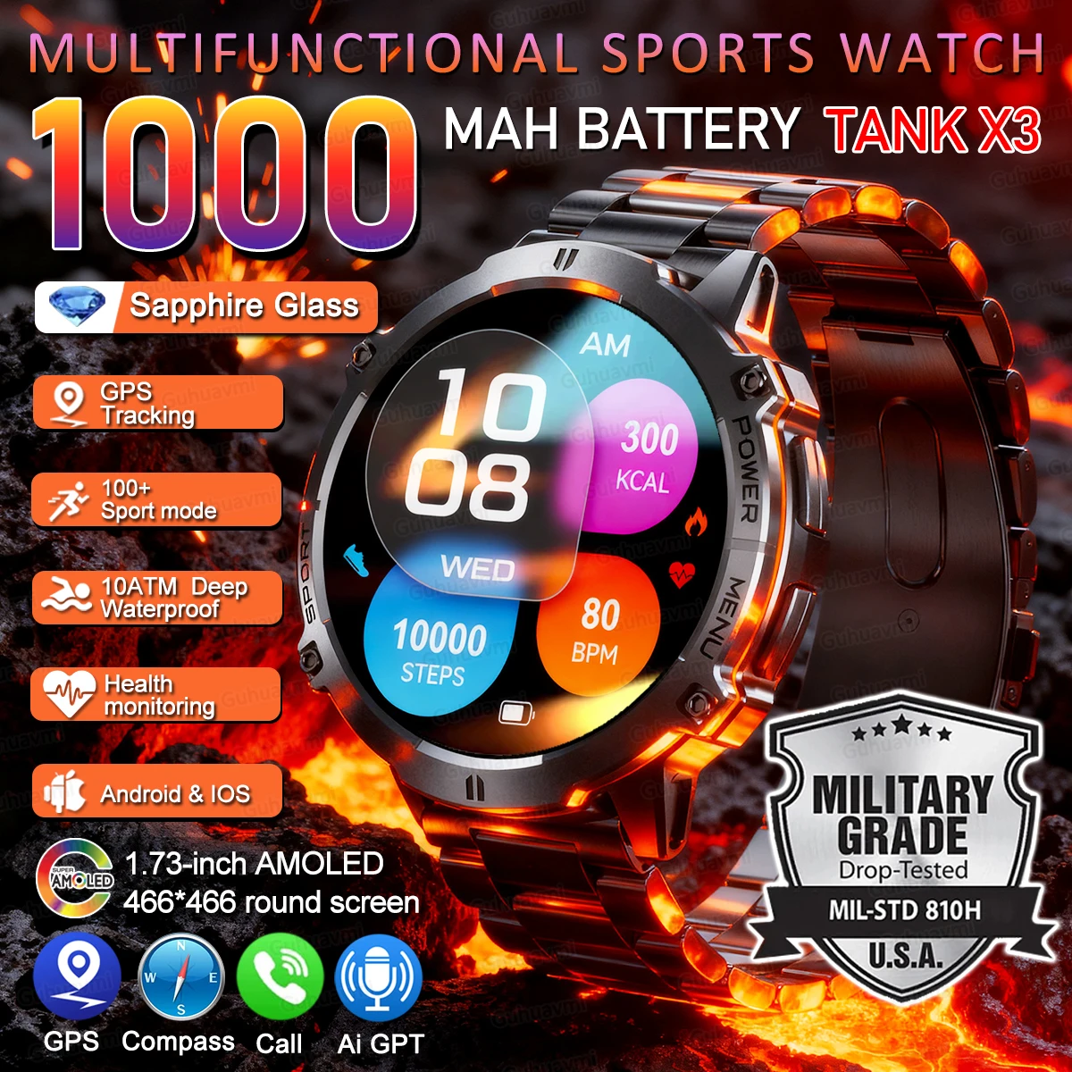 1000mAh Large Battery Durable Adult Smart Watch Men X3 High End Watch GPS Altimeter Waterproof Smartwatch Men Sport BT Call New
