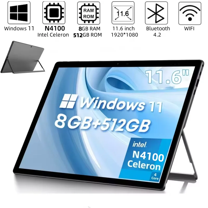 8GB RAM 512GB ROM 11.6 INCH Windows 11 Tablets PC With Keyboard Intel Celeron N4100 Type-C 2 x USB 3.0 1920 x 1080 Pixel