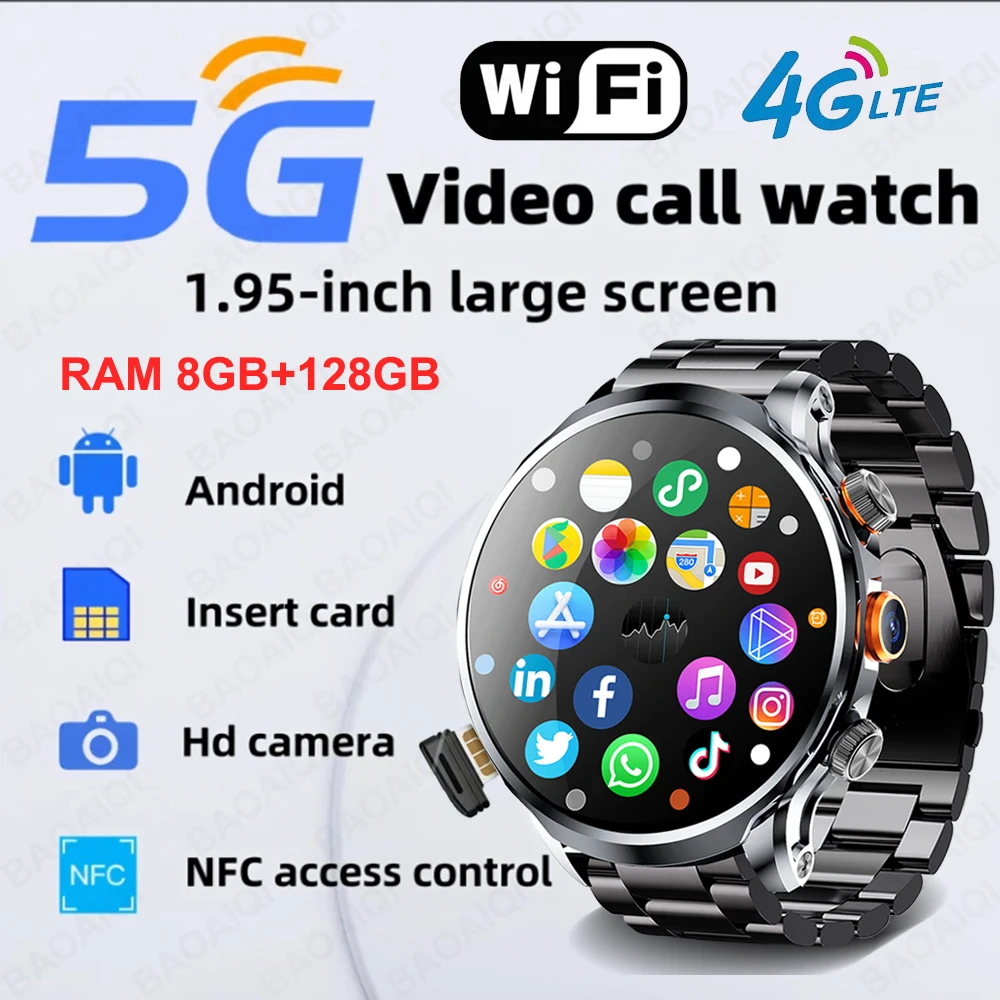 5G/4G Smart Watch 1.95 inch 680*680 AMOLED 1100mah Battery 800W Camera GPS WIFI Google APP Download Smartwatch Men 8GB+128GB RAM