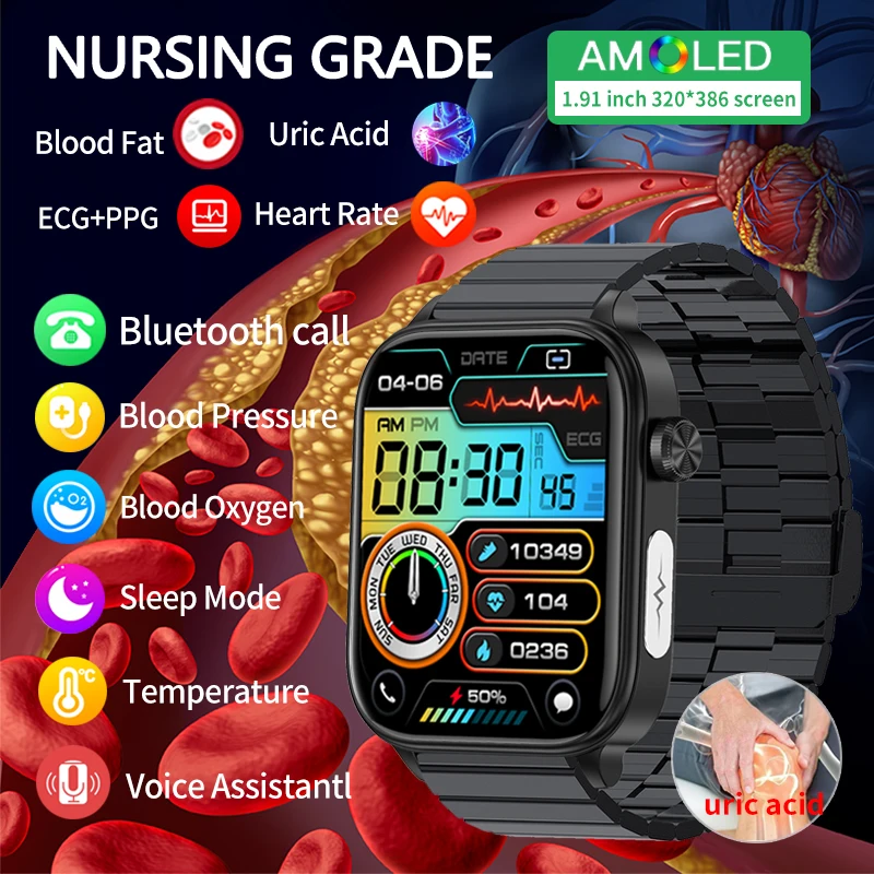 2025 New ECG+PPG Medical Diagnosis Smart Watch Blood Lipid Uric Acid Bluetooth Call Voice Assistant ECG+PPG Health Smartwatch